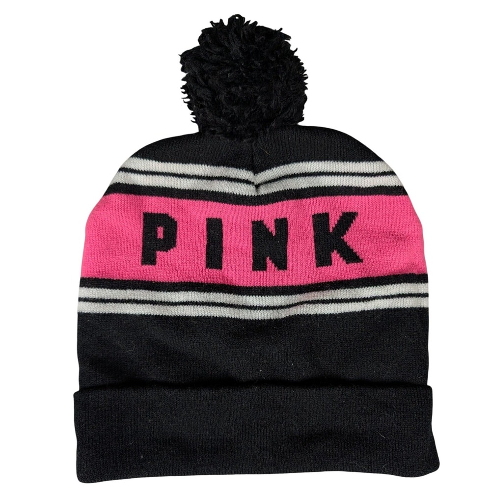 Victoria's‎ Secret PINK Black Pink Striped Pom Pom Cuffed Knit Beanie Hat